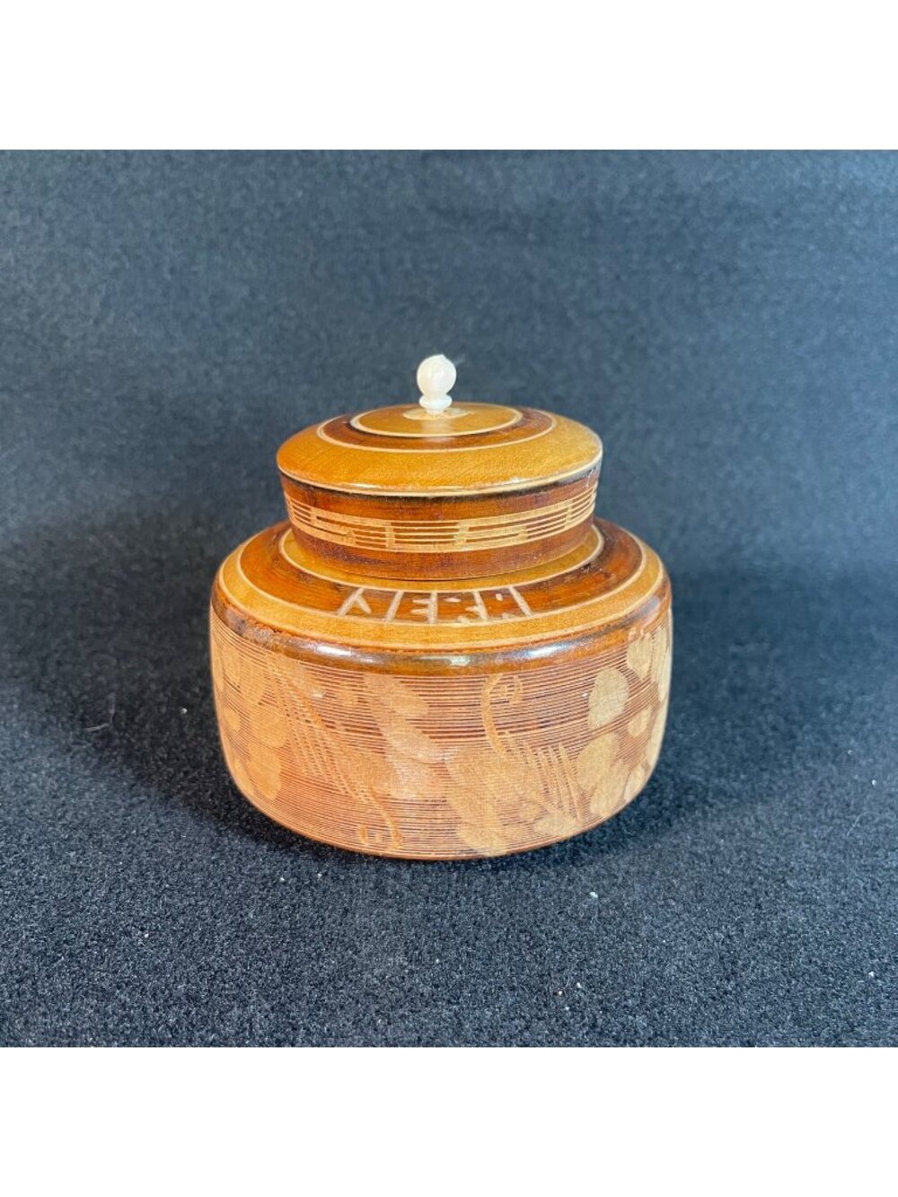 Handcrafted Nepal Wooden Decorative Jar With Lid Etched Floral Spice Snuff Jar